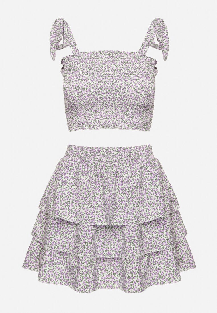 defox Set Mov floral Top elastic cu șireturi și Fustă cloș Natilana