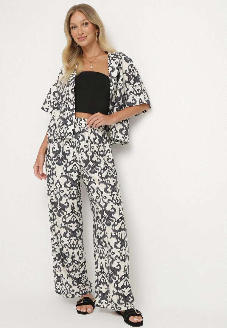 defox Set Negru din Viscoză cu Model Ornamental Cămașă și Pantaloni Evialirae