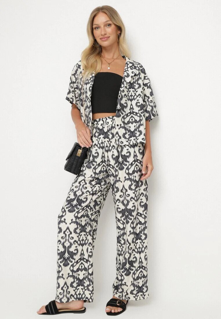 defox Set Negru din Viscoză cu Model Ornamental Cămașă și Pantaloni Evialirae