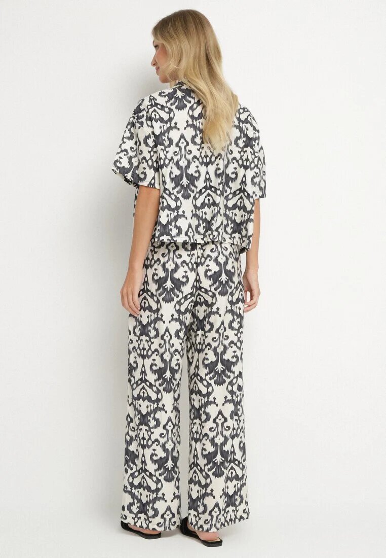 defox Set Negru din Viscoză cu Model Ornamental Cămașă și Pantaloni Evialirae