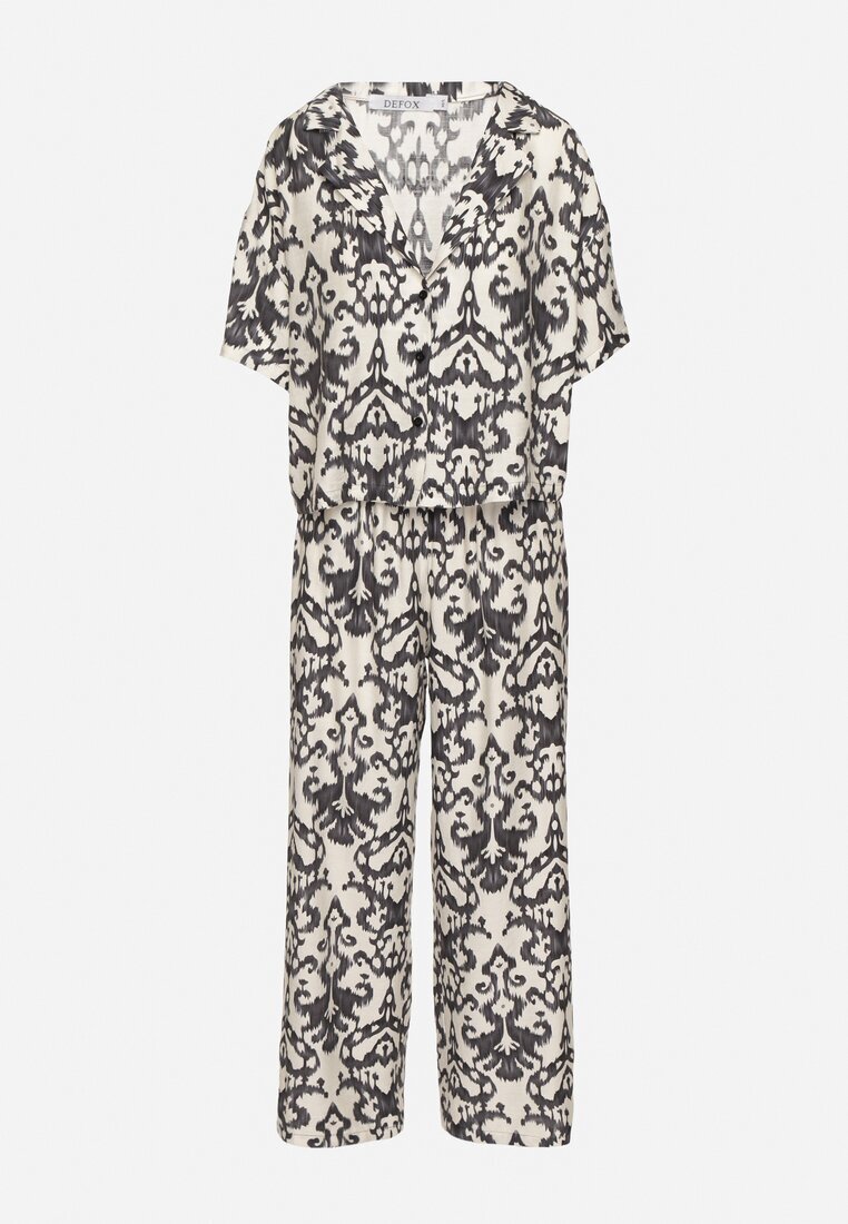 defox Set Negru din Viscoză cu Model Ornamental Cămașă și Pantaloni Evialirae