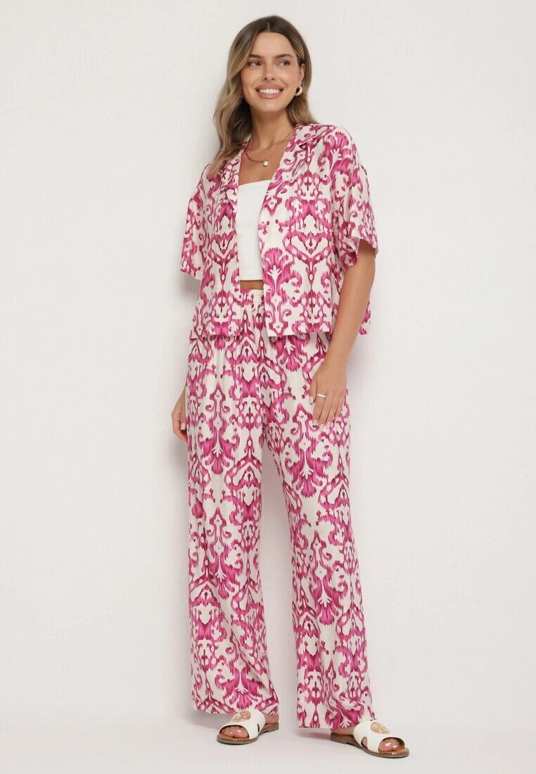 defox Set Roz din Viscoză cu Model Ornamental Cămașă și Pantaloni Evialirae