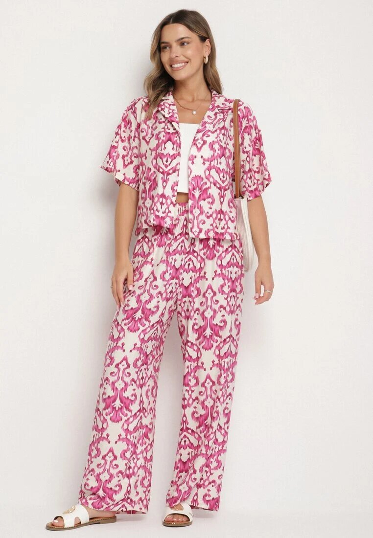 defox Set Roz din Viscoză cu Model Ornamental Cămașă și Pantaloni Evialirae