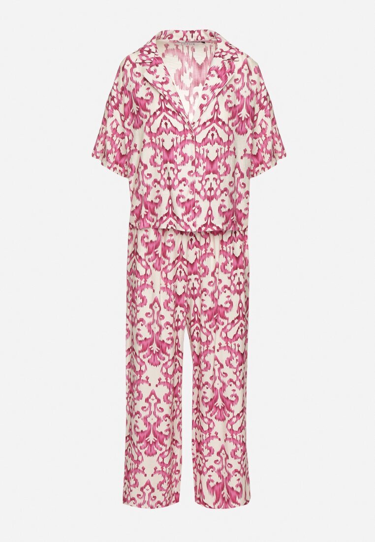 defox Set Roz din Viscoză cu Model Ornamental Cămașă și Pantaloni Evialirae