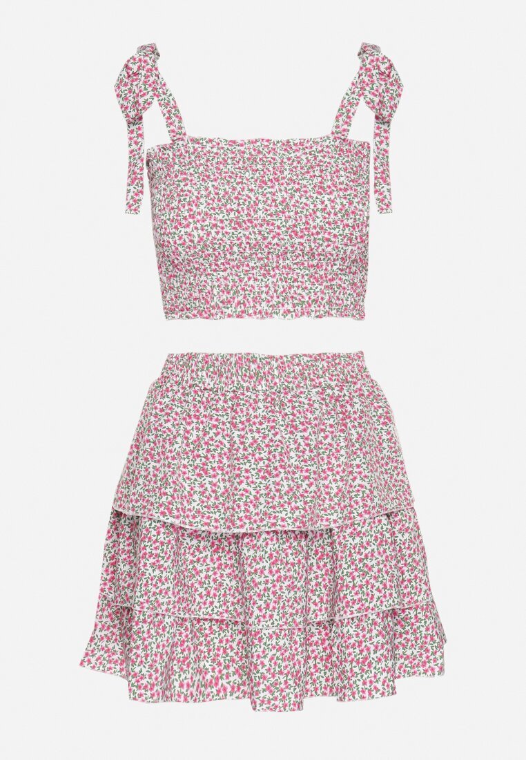 defox Set Roz floral cu Top elastic cu legături și Fustă evazată Natilana