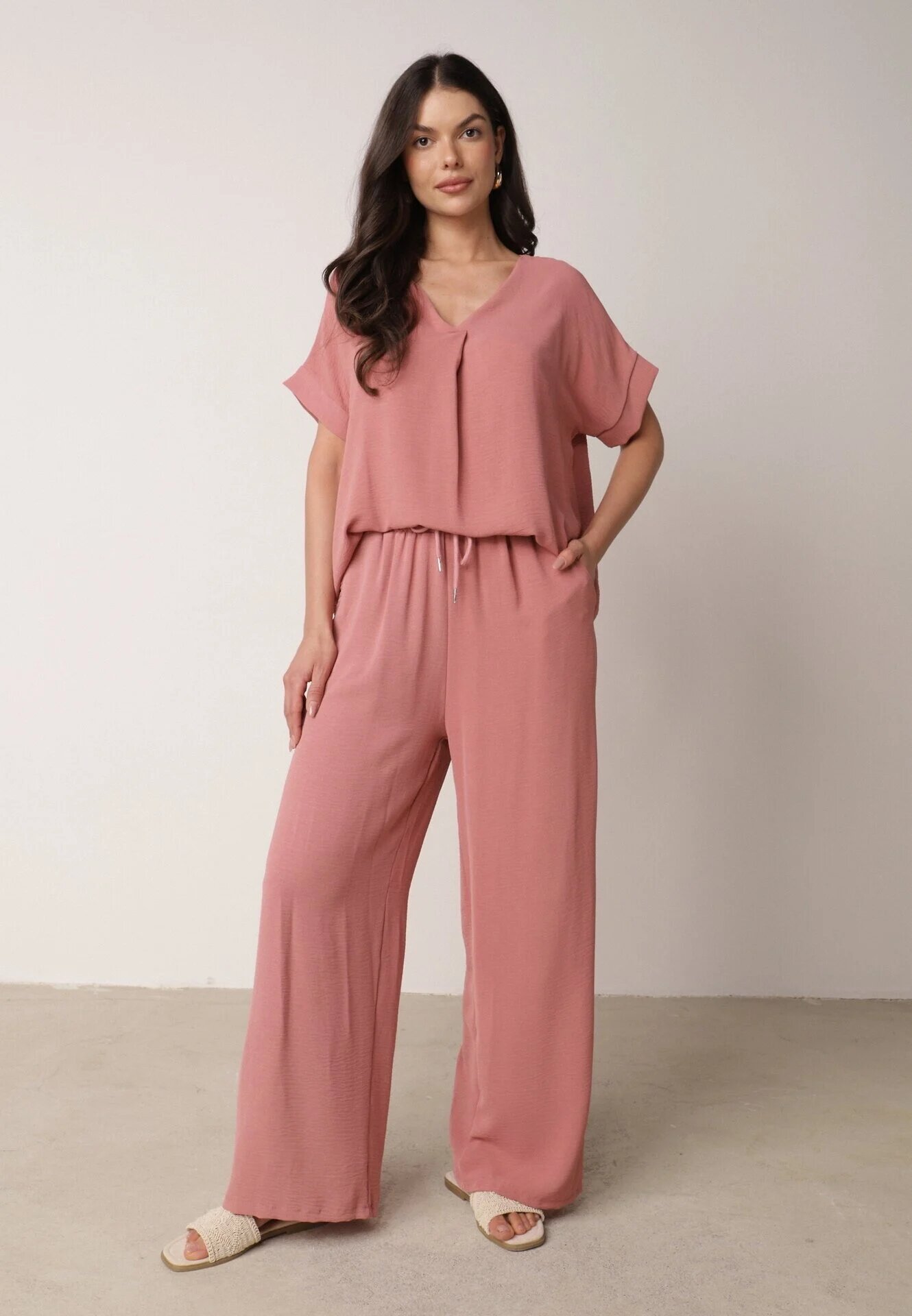 defox Set roz închis din viscoză Bluză cu mânecă scurtă și pantaloni largi cu elastic cu buzunare Efraline