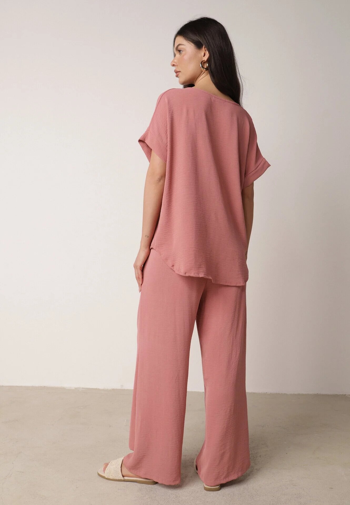defox Set roz închis din viscoză Bluză cu mânecă scurtă și pantaloni largi cu elastic cu buzunare Efraline