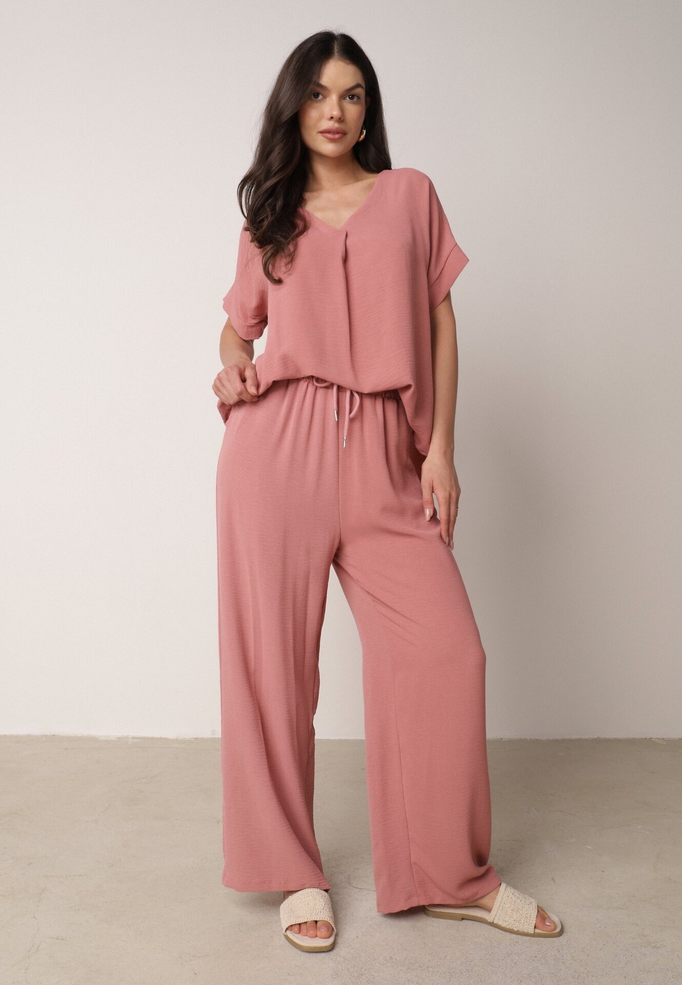 defox Set roz închis din viscoză Bluză cu mânecă scurtă și pantaloni largi cu elastic cu buzunare Efraline