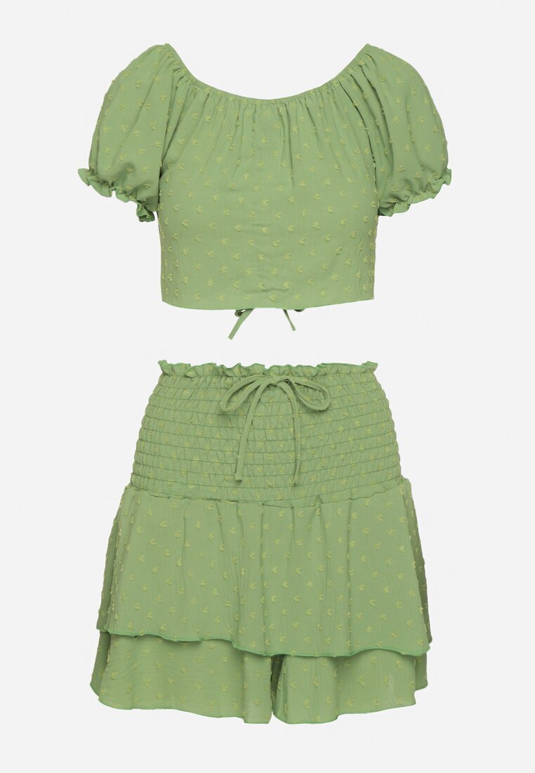defox Set Verde deschis din Țesătură Texturată Fustă-Pantaloni scurți și Bluză Carmen Sariloria