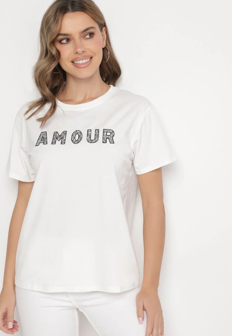 defox T-shirt alb din bumbac decorat cu inscripție brodată cu paiete Marisiana