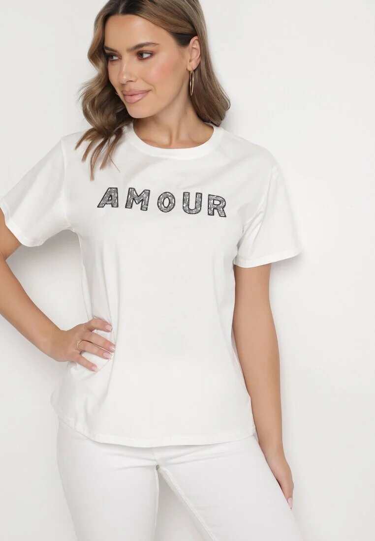 defox T-shirt alb din bumbac decorat cu inscripție brodată cu paiete Marisiana