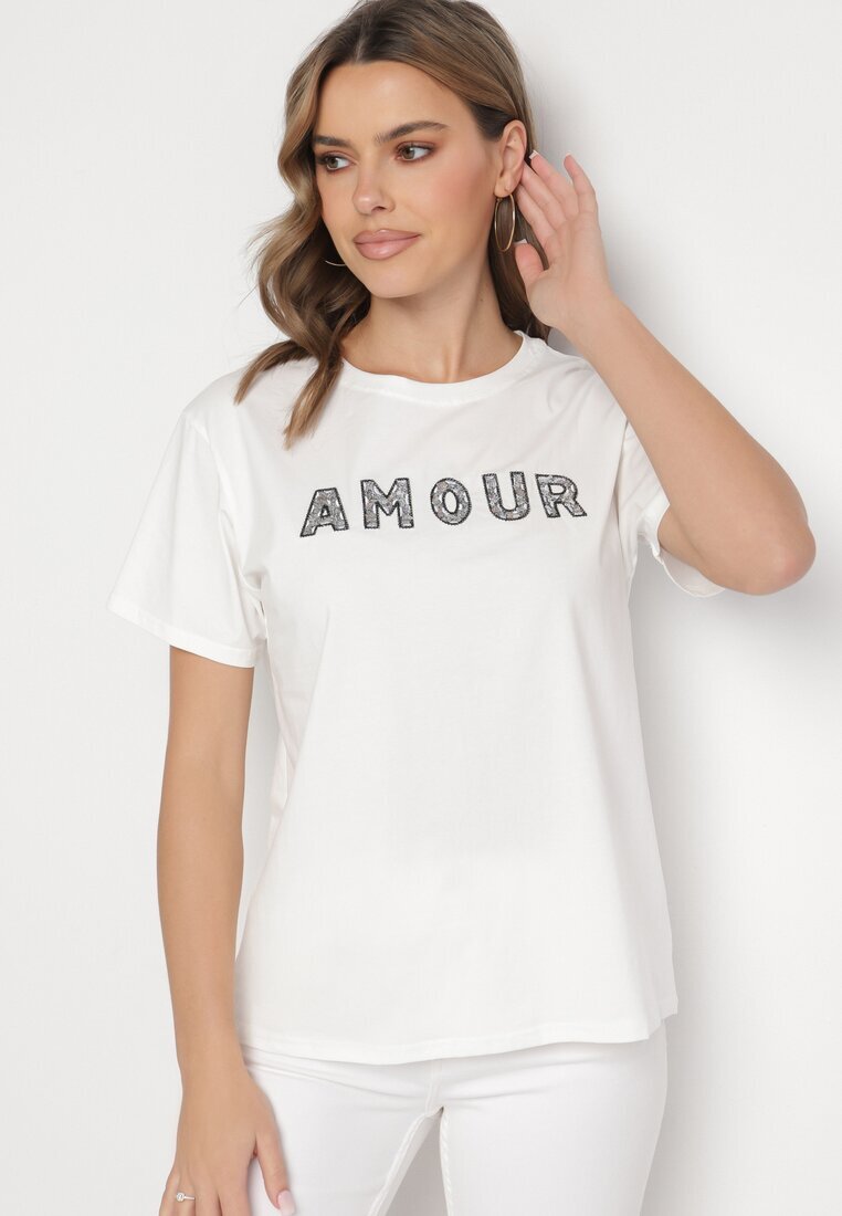 defox T-shirt alb din bumbac decorat cu inscripție brodată cu paiete Marisiana