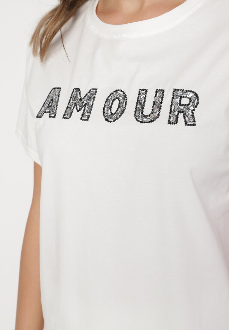 defox T-shirt alb din bumbac decorat cu inscripție brodată cu paiete Marisiana