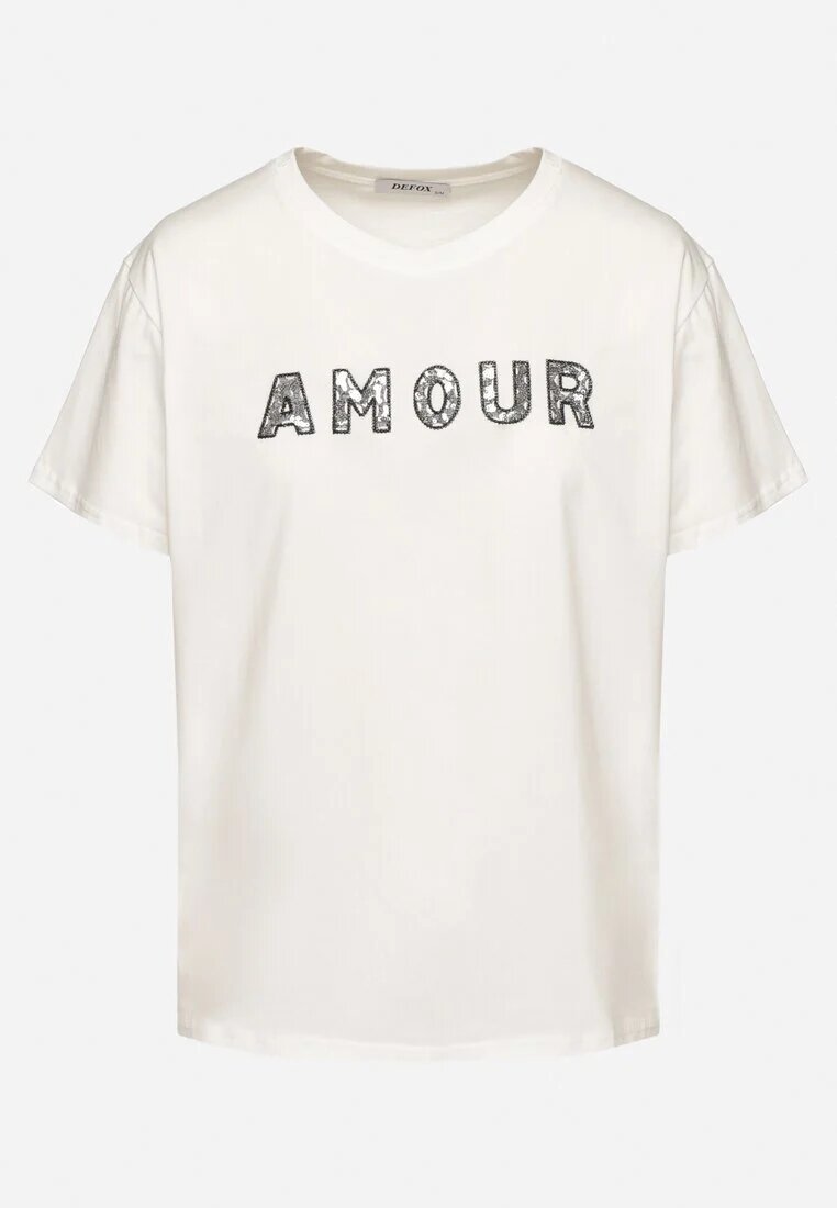 defox T-shirt alb din bumbac decorat cu inscripție brodată cu paiete Marisiana