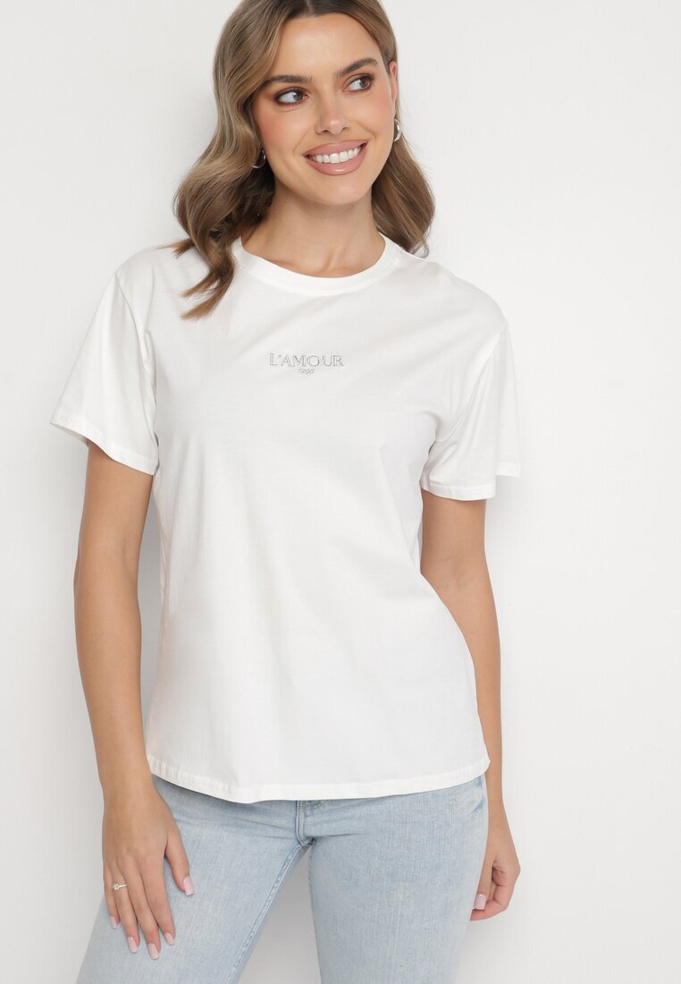 defox T-shirt Alb din Bumbac Decorat cu Inscripție Marivorra