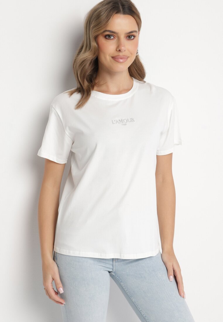 defox T-shirt Alb din Bumbac Decorat cu Inscripție Marivorra