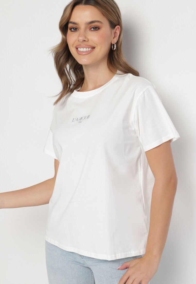 defox T-shirt Alb din Bumbac Decorat cu Inscripție Marivorra