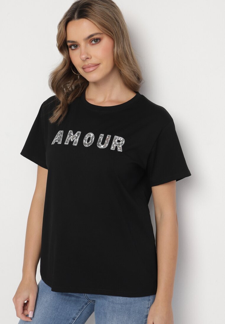 defox T-shirt negru din bumbac decorat cu inscripție brodată cu paiete Marisiana