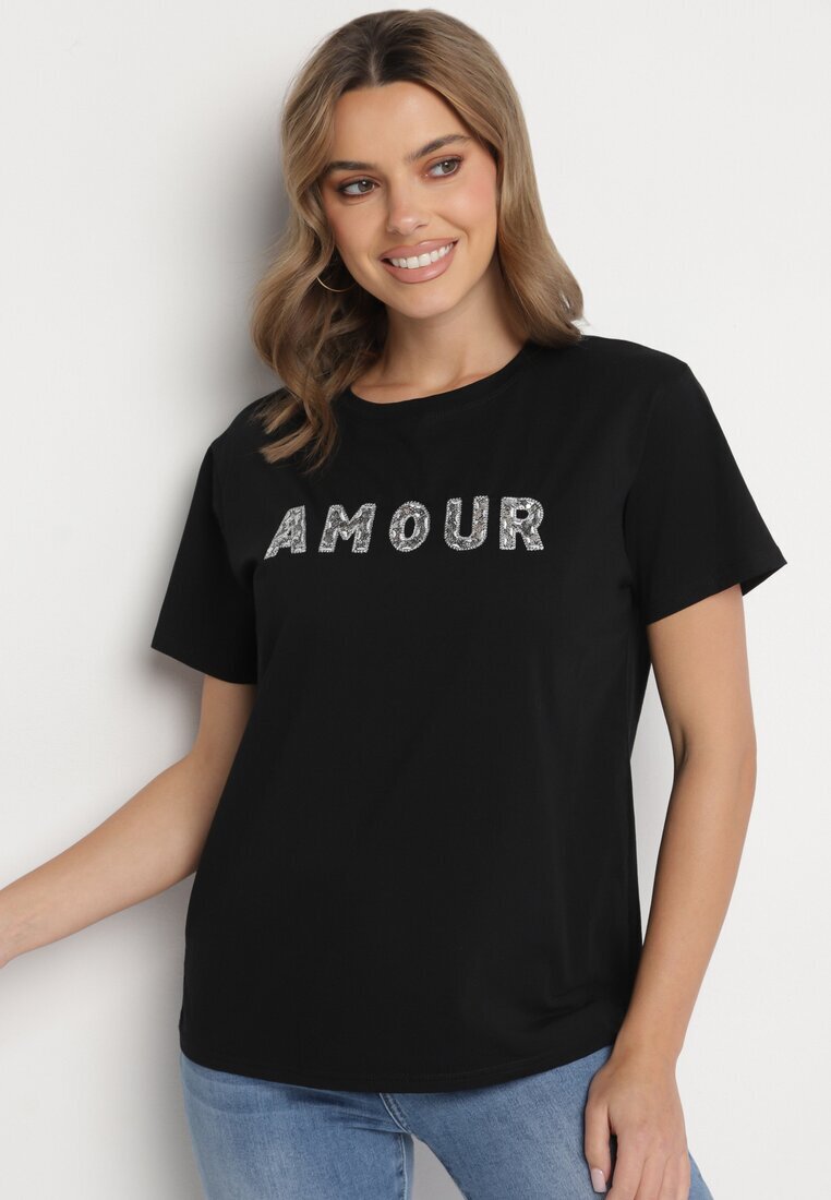 defox T-shirt negru din bumbac decorat cu inscripție brodată cu paiete Marisiana