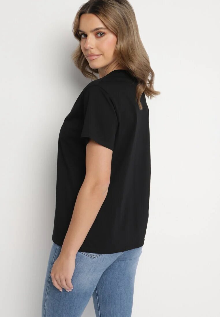 defox T-shirt negru din bumbac decorat cu inscripție brodată cu paiete Marisiana