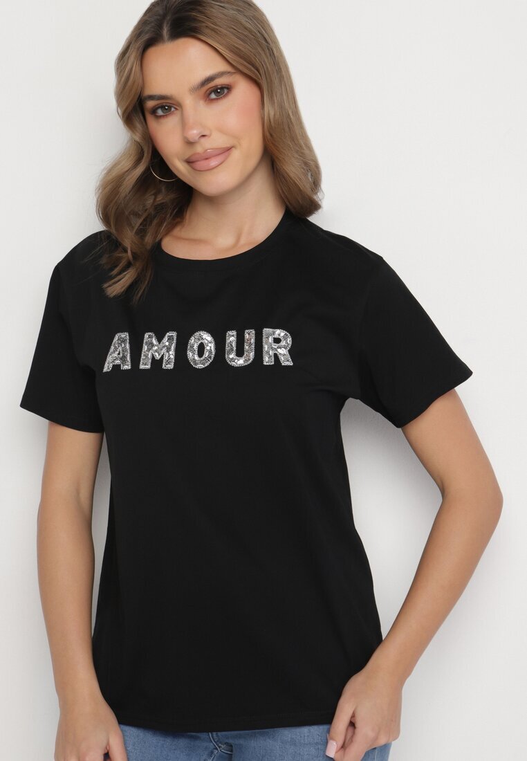 defox T-shirt negru din bumbac decorat cu inscripție brodată cu paiete Marisiana
