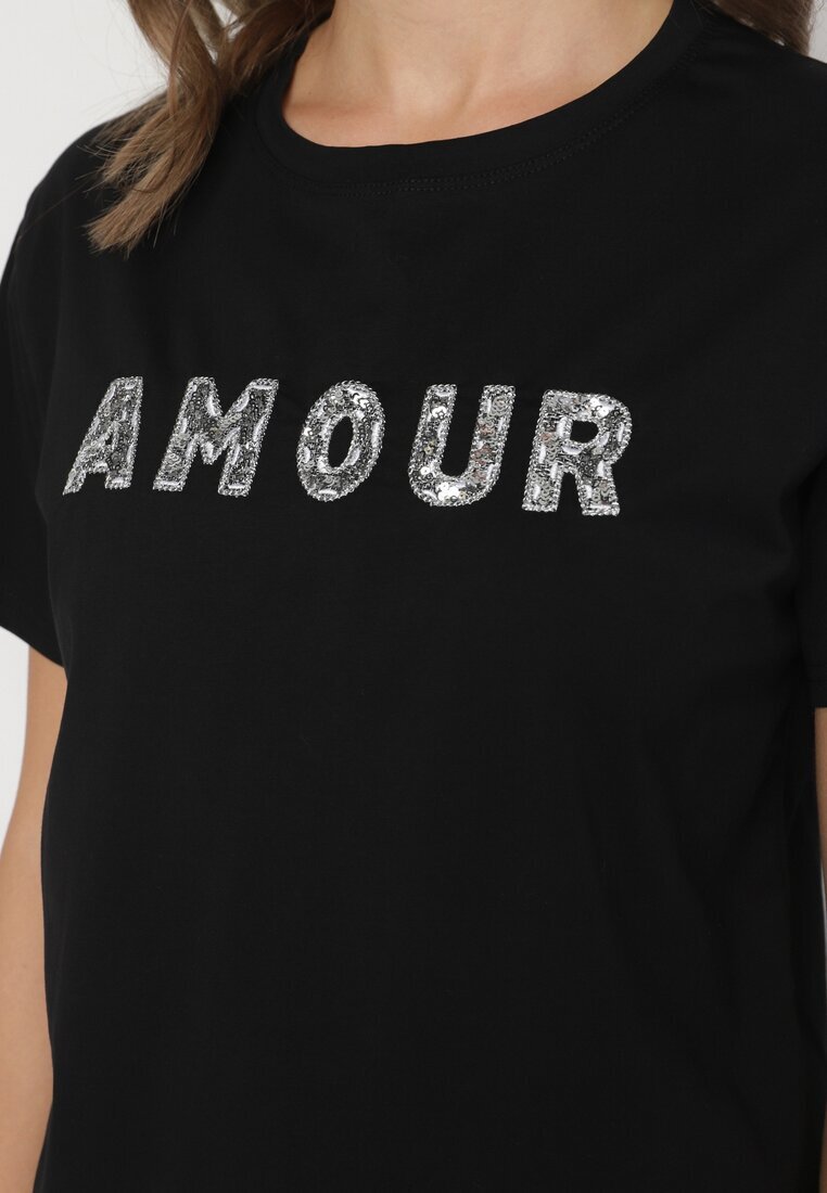 defox T-shirt negru din bumbac decorat cu inscripție brodată cu paiete Marisiana