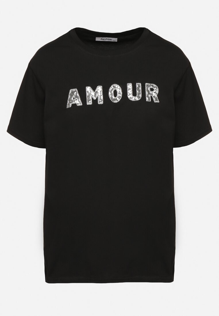 defox T-shirt negru din bumbac decorat cu inscripție brodată cu paiete Marisiana