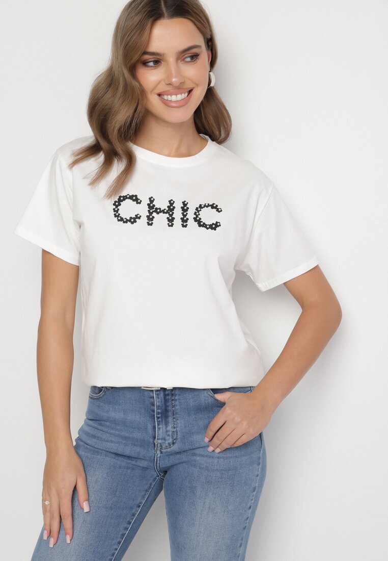defox Tricou Alb de bumbac cu imprimeu și perle Nalinor