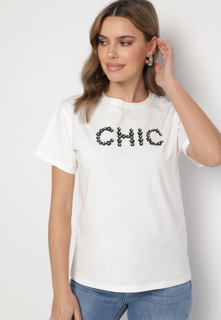 defox Tricou Alb de bumbac cu imprimeu și perle Nalinor