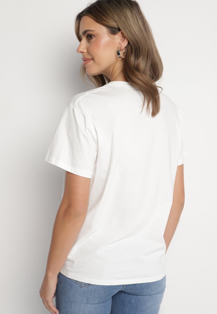defox Tricou Alb de bumbac cu imprimeu și perle Nalinor