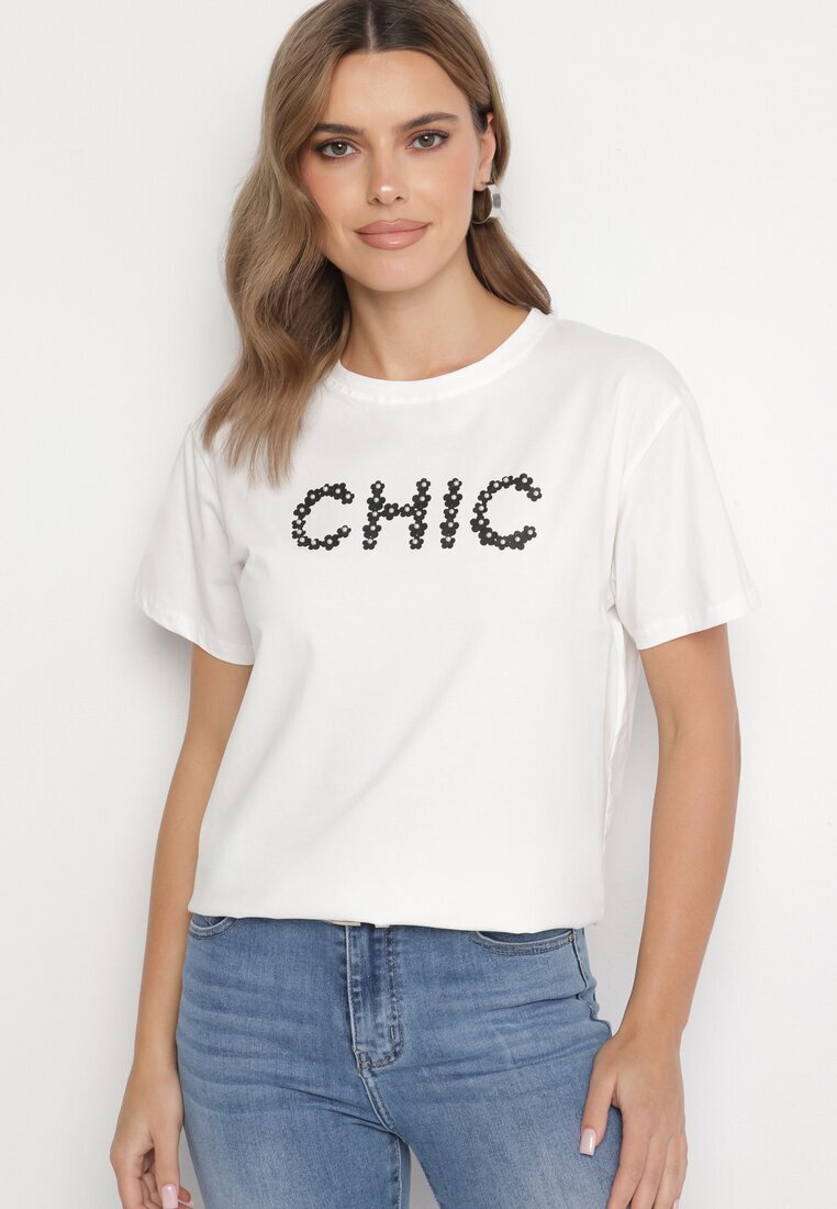 defox Tricou Alb de bumbac cu imprimeu și perle Nalinor