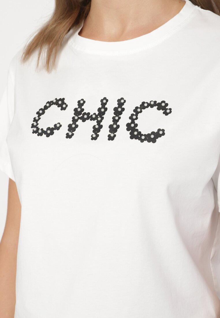defox Tricou Alb de bumbac cu imprimeu și perle Nalinor