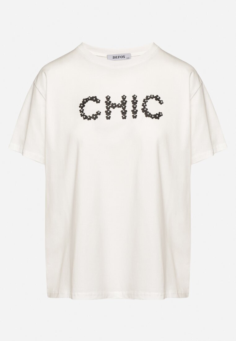 defox Tricou Alb de bumbac cu imprimeu și perle Nalinor