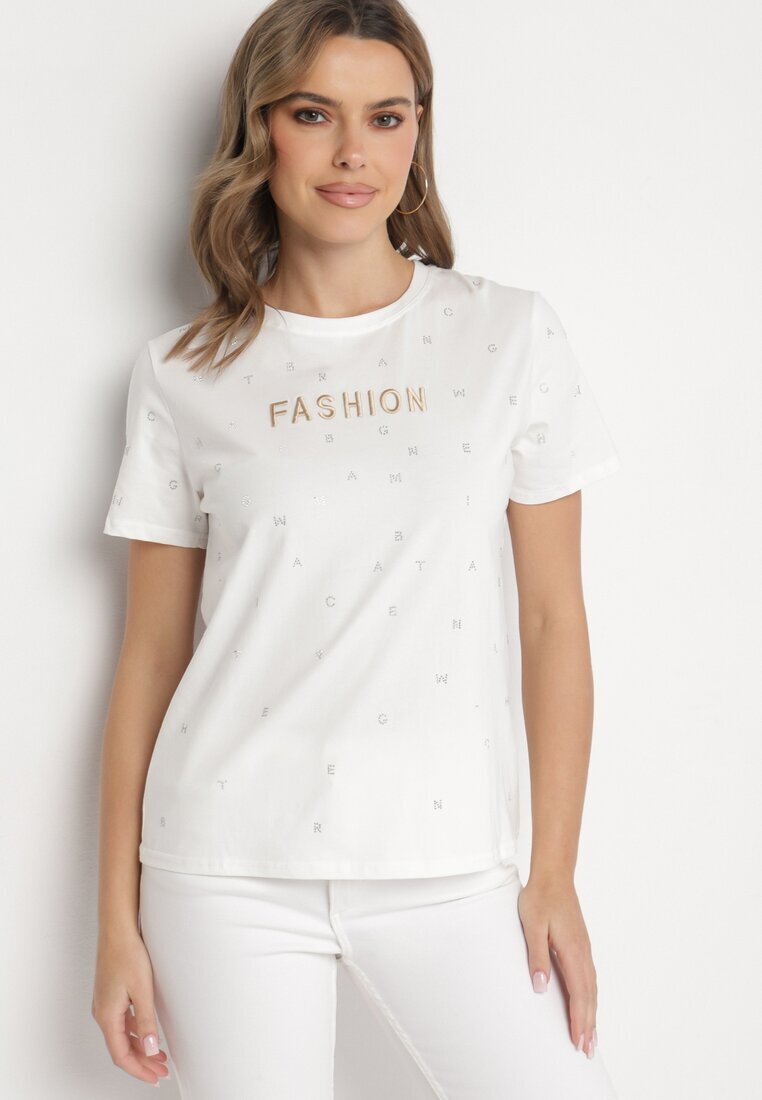 defox Tricou Alb din Bumbac cu Zirconii și Inscripție Nalanielle