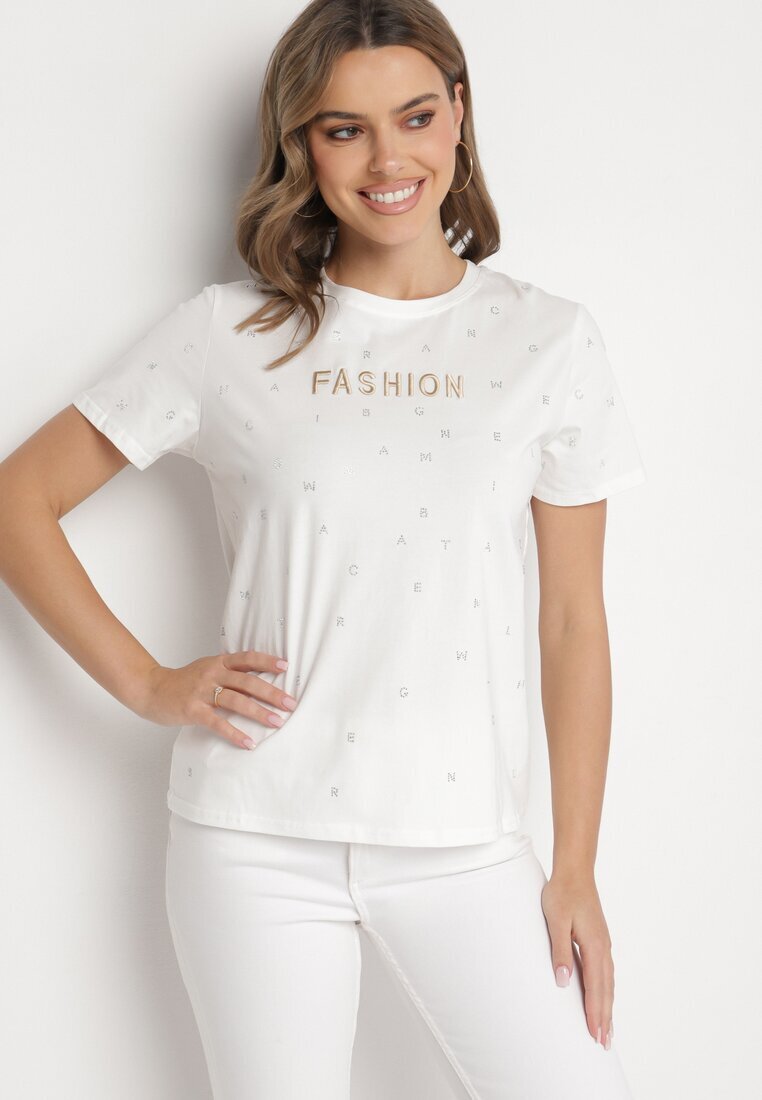 defox Tricou Alb din Bumbac cu Zirconii și Inscripție Nalanielle