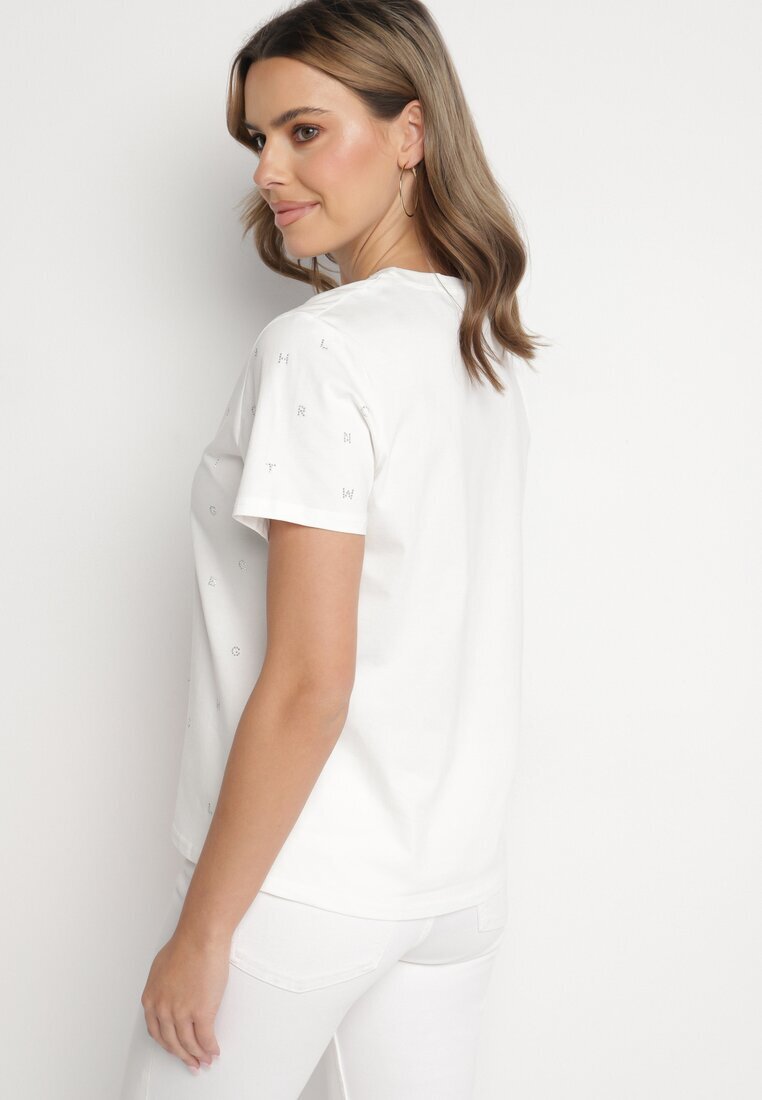 defox Tricou Alb din Bumbac cu Zirconii și Inscripție Nalanielle