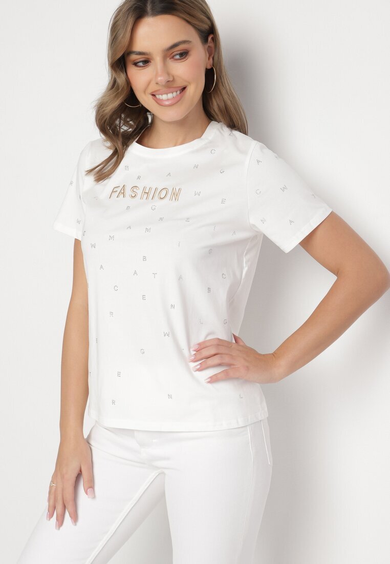 defox Tricou Alb din Bumbac cu Zirconii și Inscripție Nalanielle