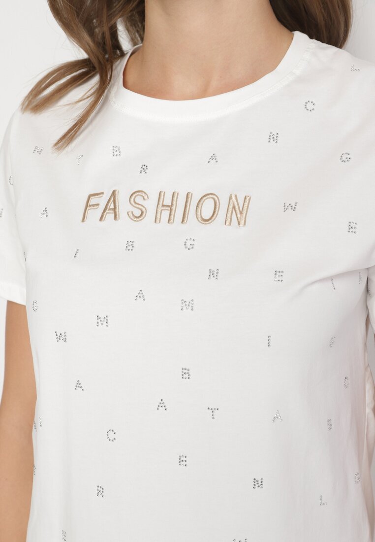 defox Tricou Alb din Bumbac cu Zirconii și Inscripție Nalanielle