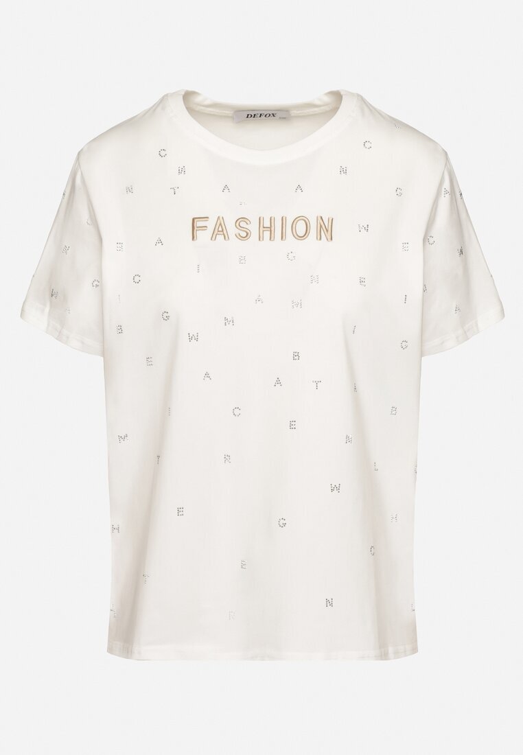 defox Tricou Alb din Bumbac cu Zirconii și Inscripție Nalanielle