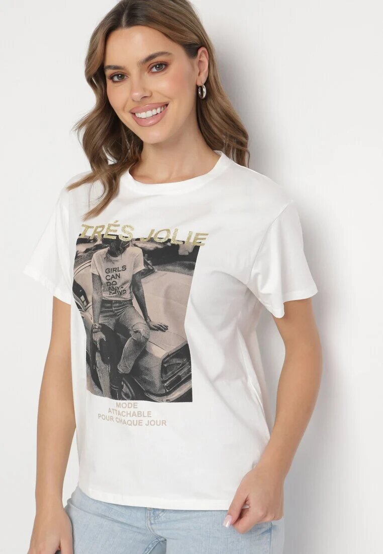 defox Tricou Alb din Bumbac Decorat cu Imprimeu și Sclipici Marionel
