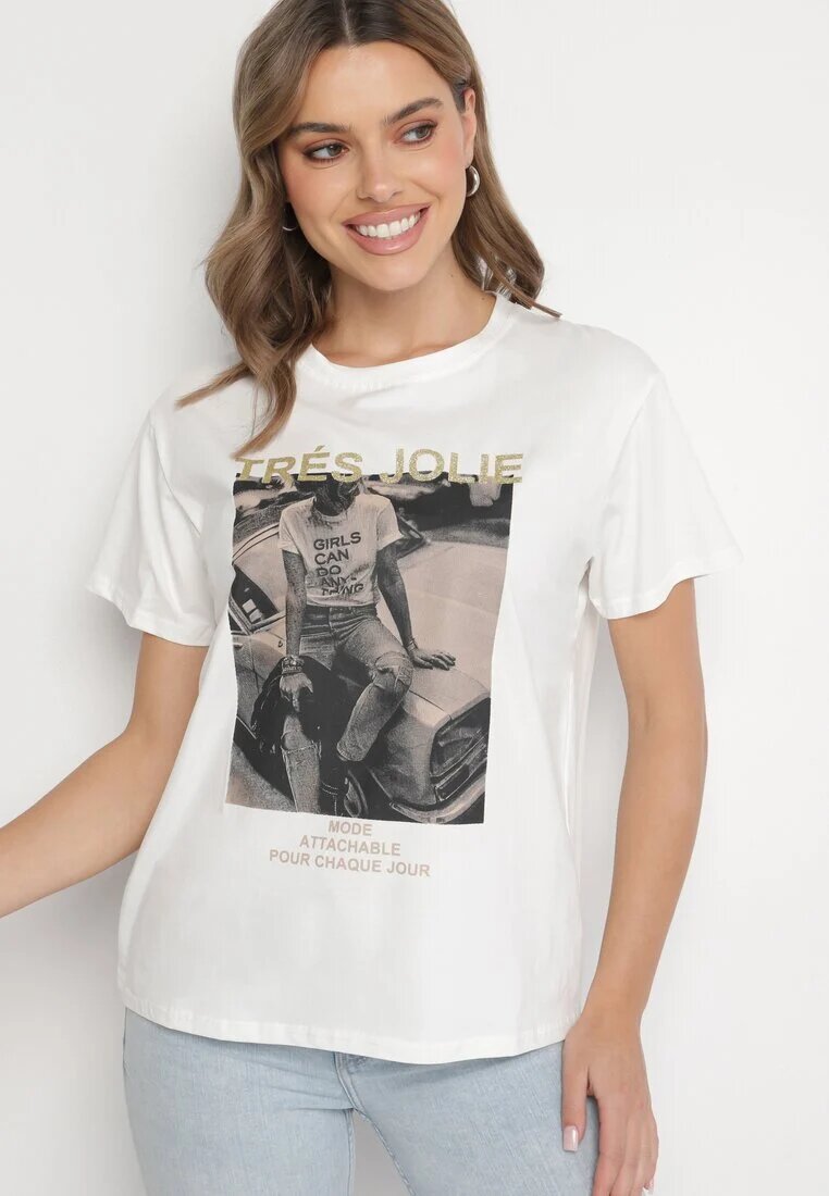 defox Tricou Alb din Bumbac Decorat cu Imprimeu și Sclipici Marionel