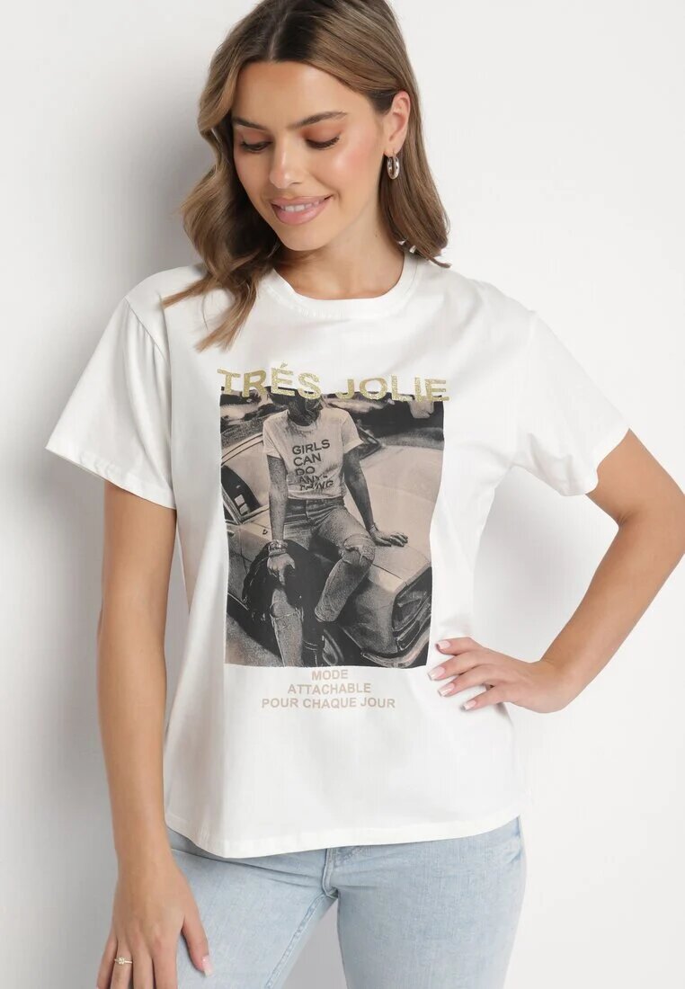 defox Tricou Alb din Bumbac Decorat cu Imprimeu și Sclipici Marionel