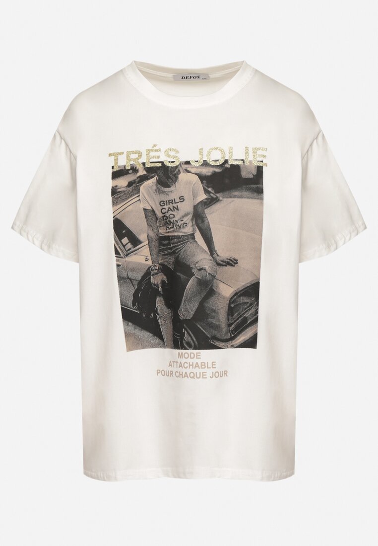 defox Tricou Alb din Bumbac Decorat cu Imprimeu și Sclipici Marionel