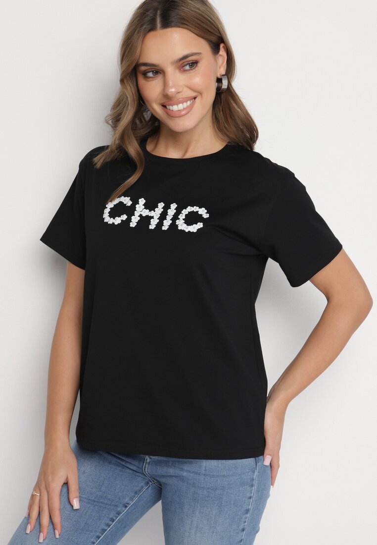 defox Tricou negru de bumbac cu imprimeu și perle Nalinor