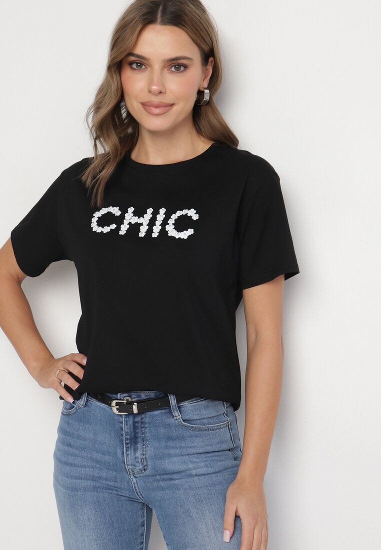 defox Tricou negru de bumbac cu imprimeu și perle Nalinor