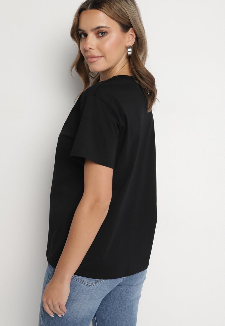 defox Tricou negru de bumbac cu imprimeu și perle Nalinor