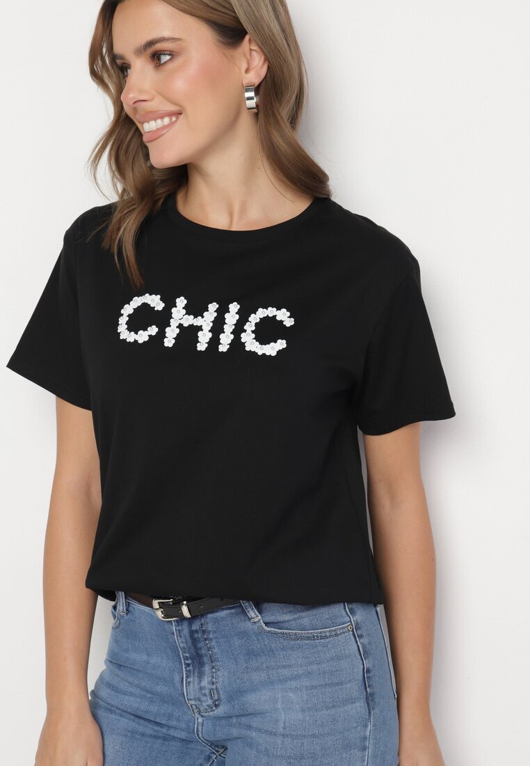defox Tricou negru de bumbac cu imprimeu și perle Nalinor