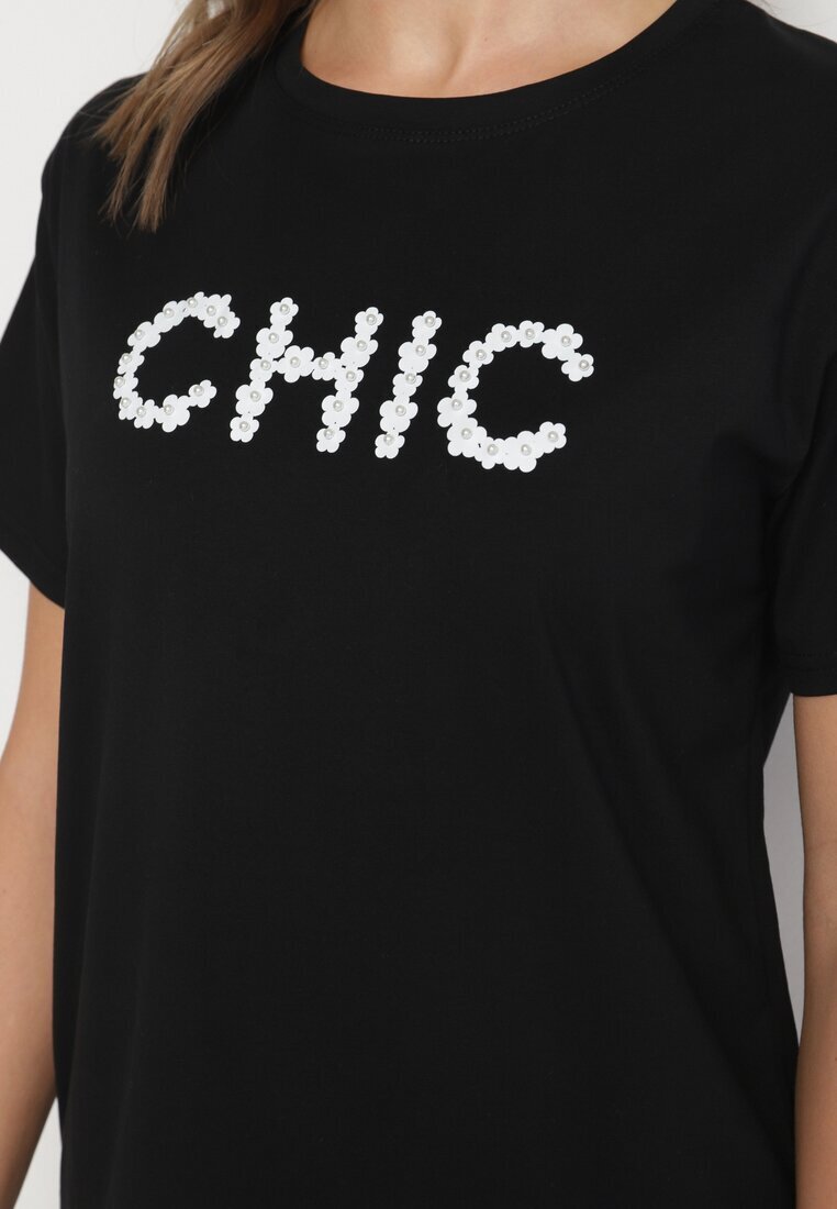 defox Tricou negru de bumbac cu imprimeu și perle Nalinor