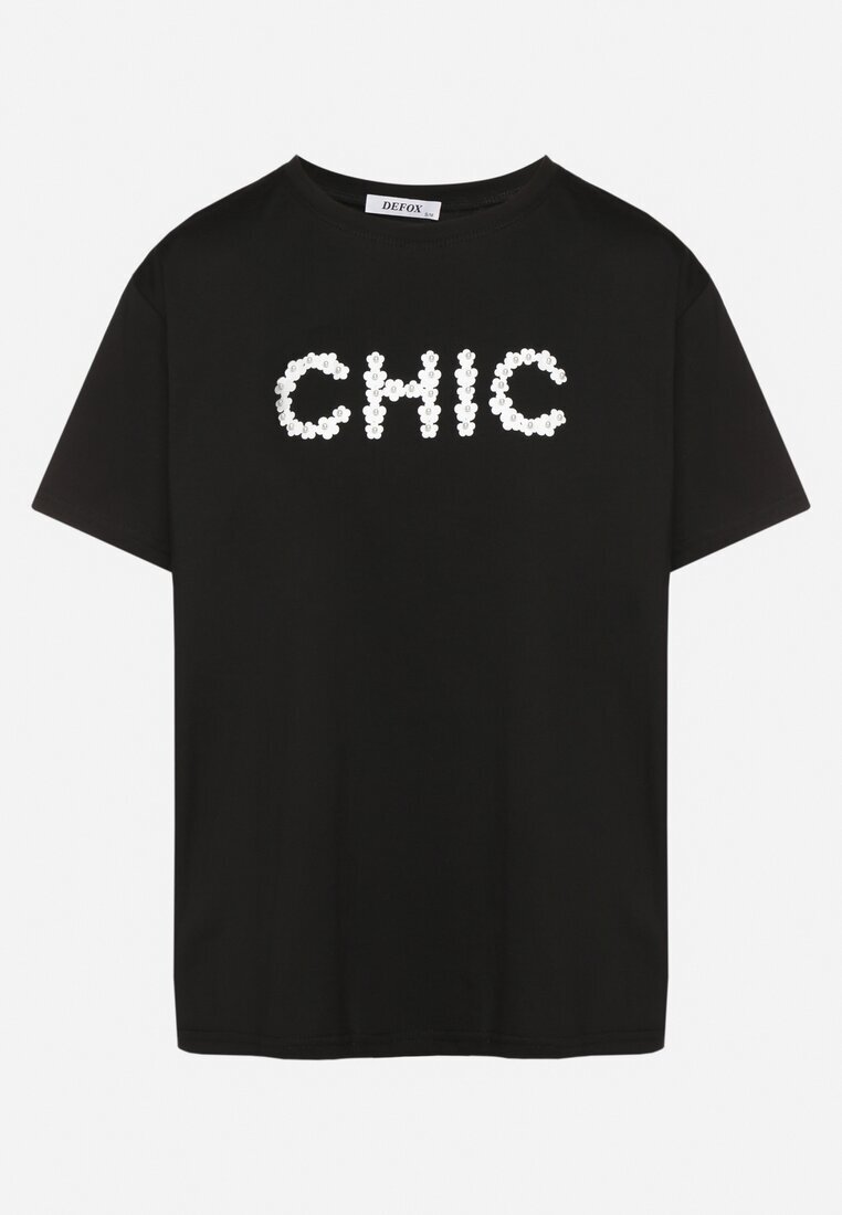 defox Tricou negru de bumbac cu imprimeu și perle Nalinor