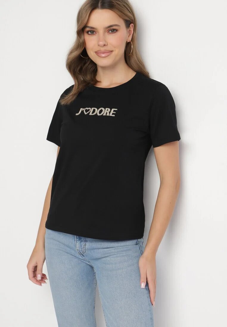 defox Tricou Negru de Bumbac Decorat cu Inscripția Nalaviraen